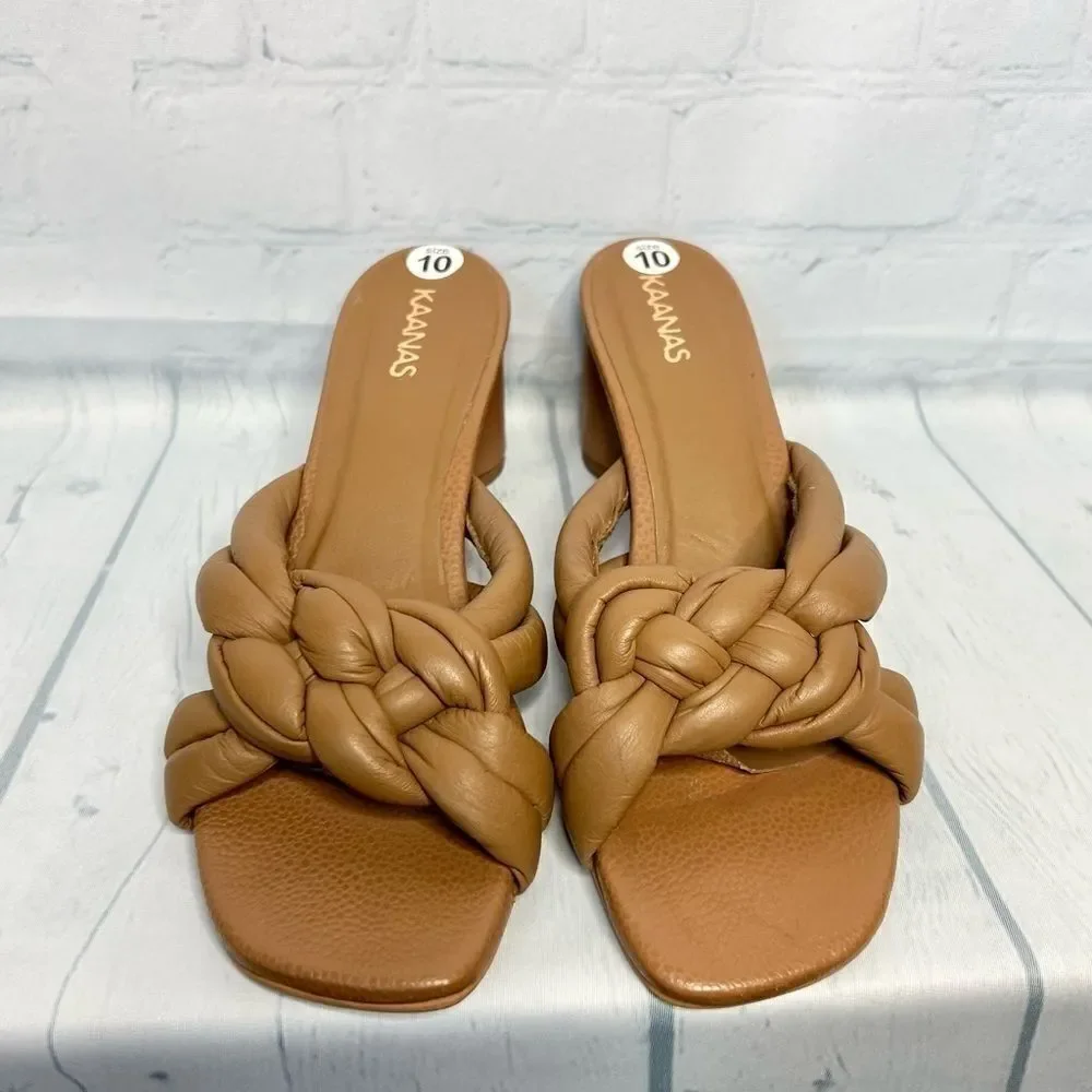 Kaanas Tan Braided Leather Square Toe Slip On Heel Sandals Size 10 NEW
